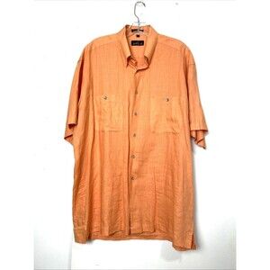 Gillio Casual Button Down Shirt Size L Woven Orange 100% Linen Mens Short Sleeve